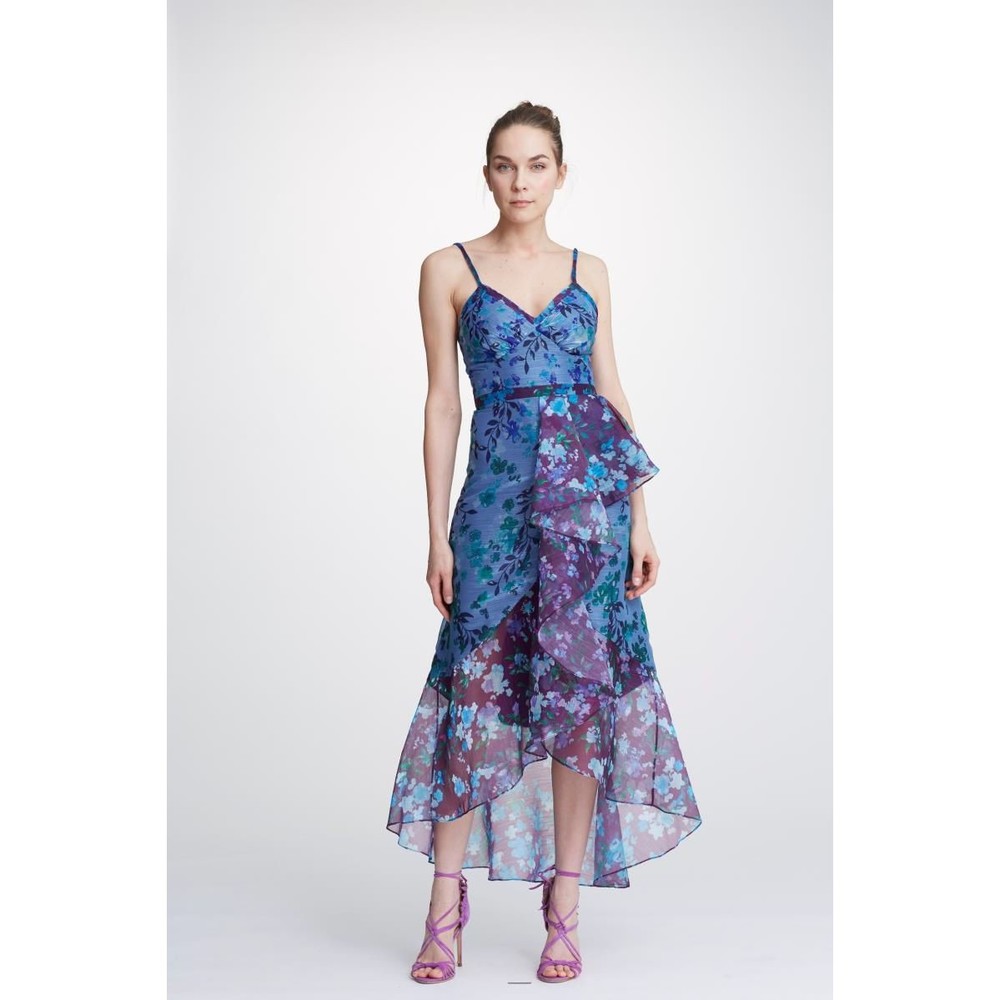 MARCHESA NOTTE Floral Ruffle Organza Sweetheart High Low A-Line Dress 16 US NEW